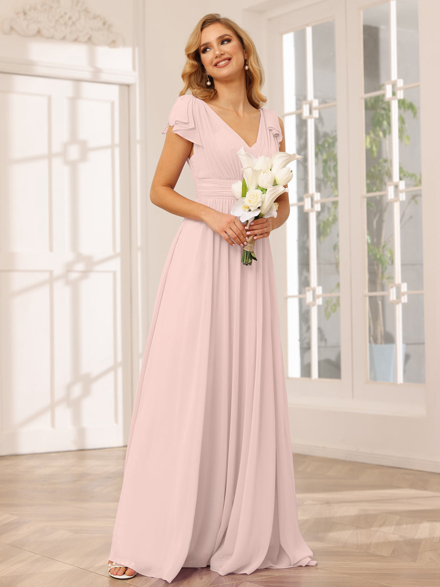 Vestidos Longos de Dama de Honra Evasê/Princesa com Decote Em V e Babados