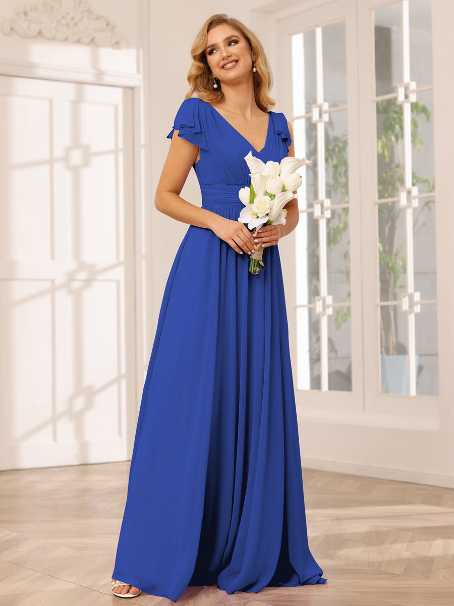 Vestidos Longos de Dama de Honra Evasê/Princesa com Decote Em V e Babados