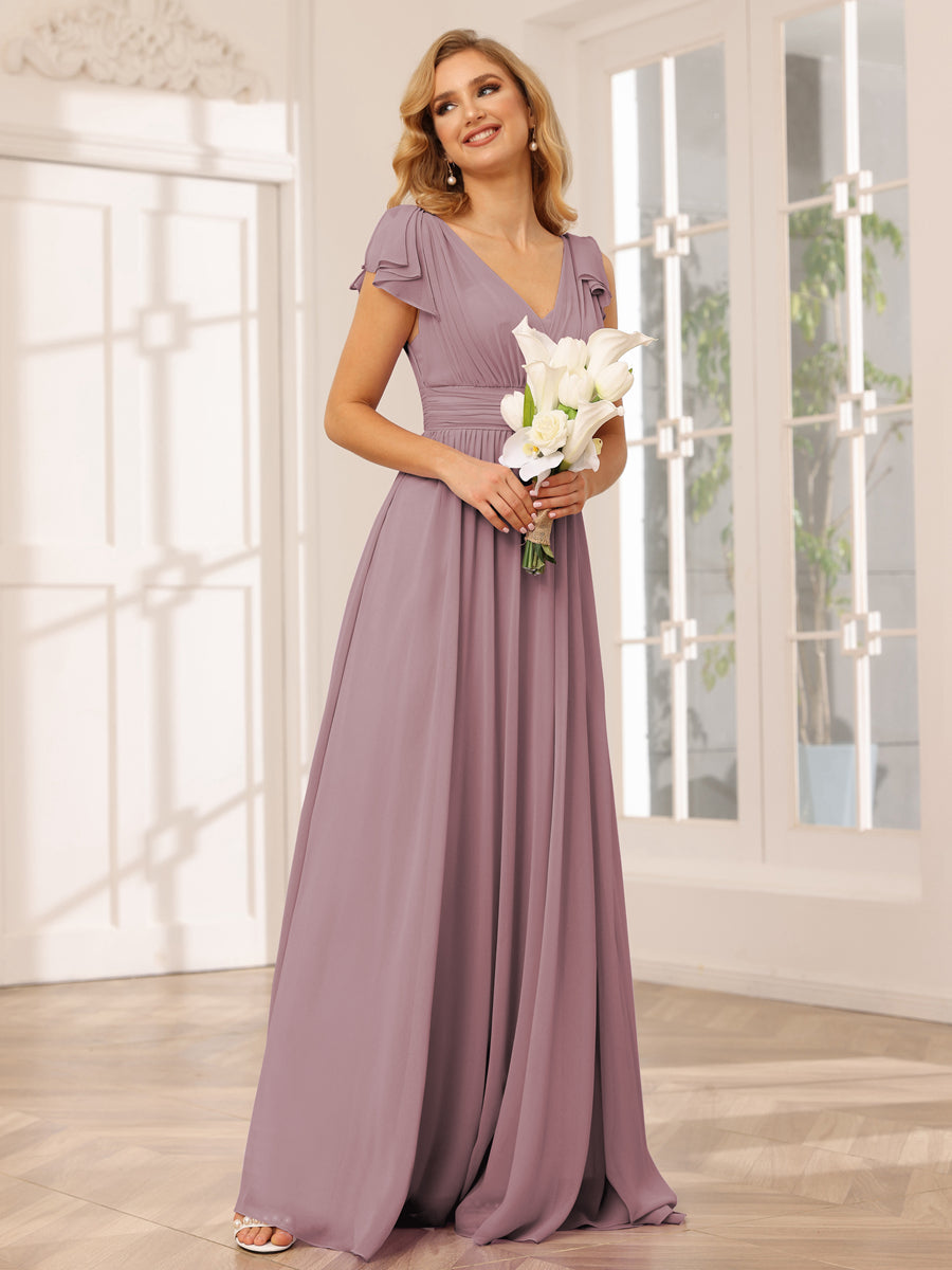 Vestidos Longos de Dama de Honra Evasê/Princesa com Decote Em V e Babados