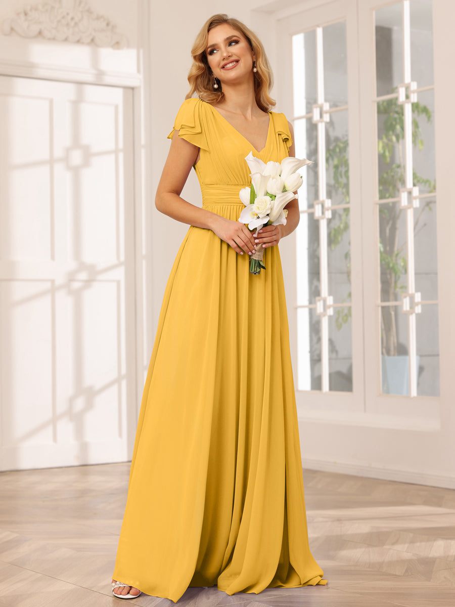 Vestidos Longos de Dama de Honra Evasê/Princesa com Decote Em V e Babados