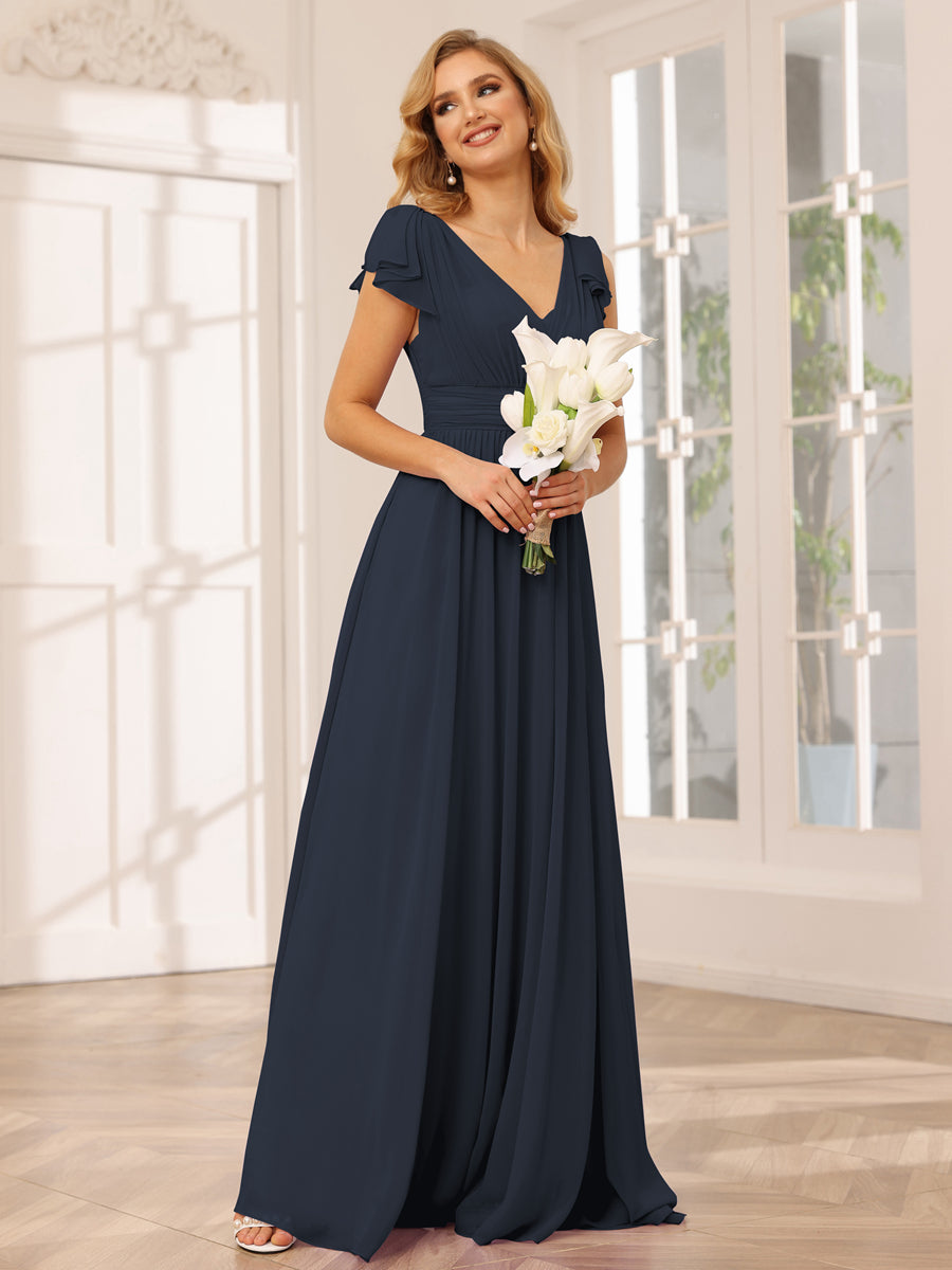 Vestidos Longos de Dama de Honra Evasê/Princesa com Decote Em V e Babados