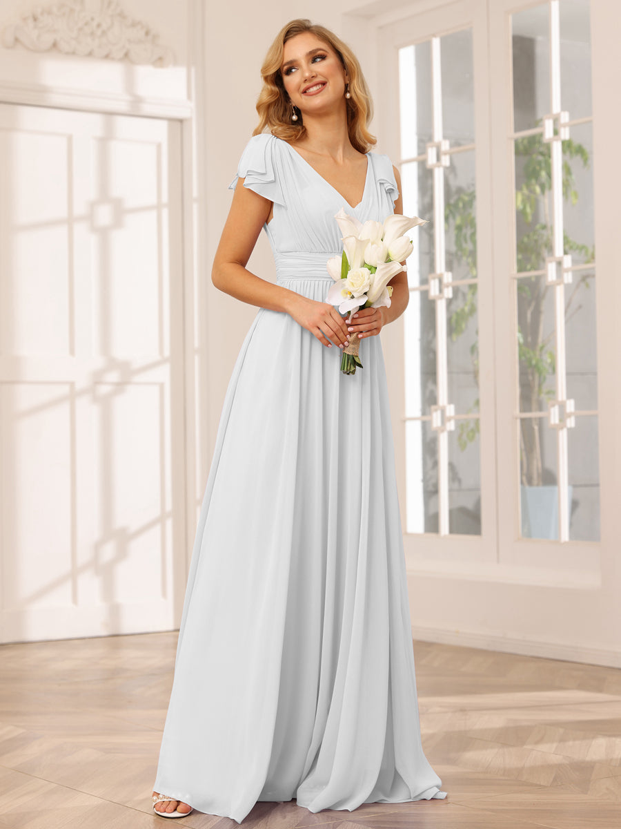 Vestidos Longos de Dama de Honra Evasê/Princesa com Decote Em V e Babados