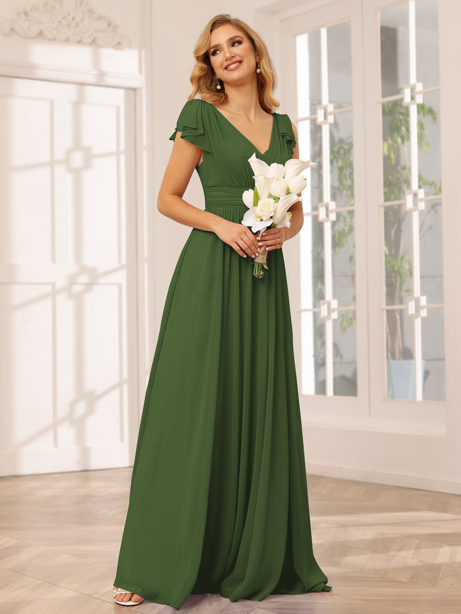Vestidos Longos de Dama de Honra Evasê/Princesa com Decote Em V e Babados