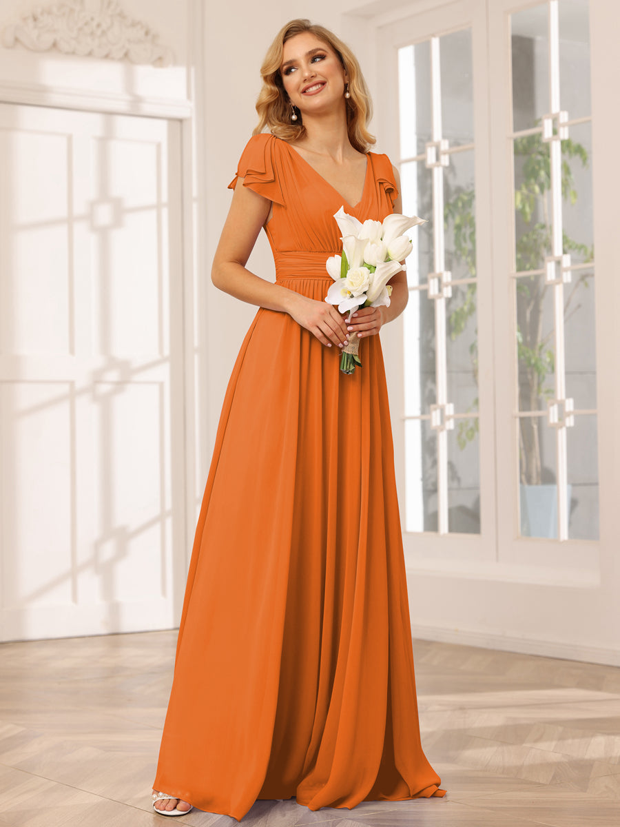 Vestidos Longos de Dama de Honra Evasê/Princesa com Decote Em V e Babados