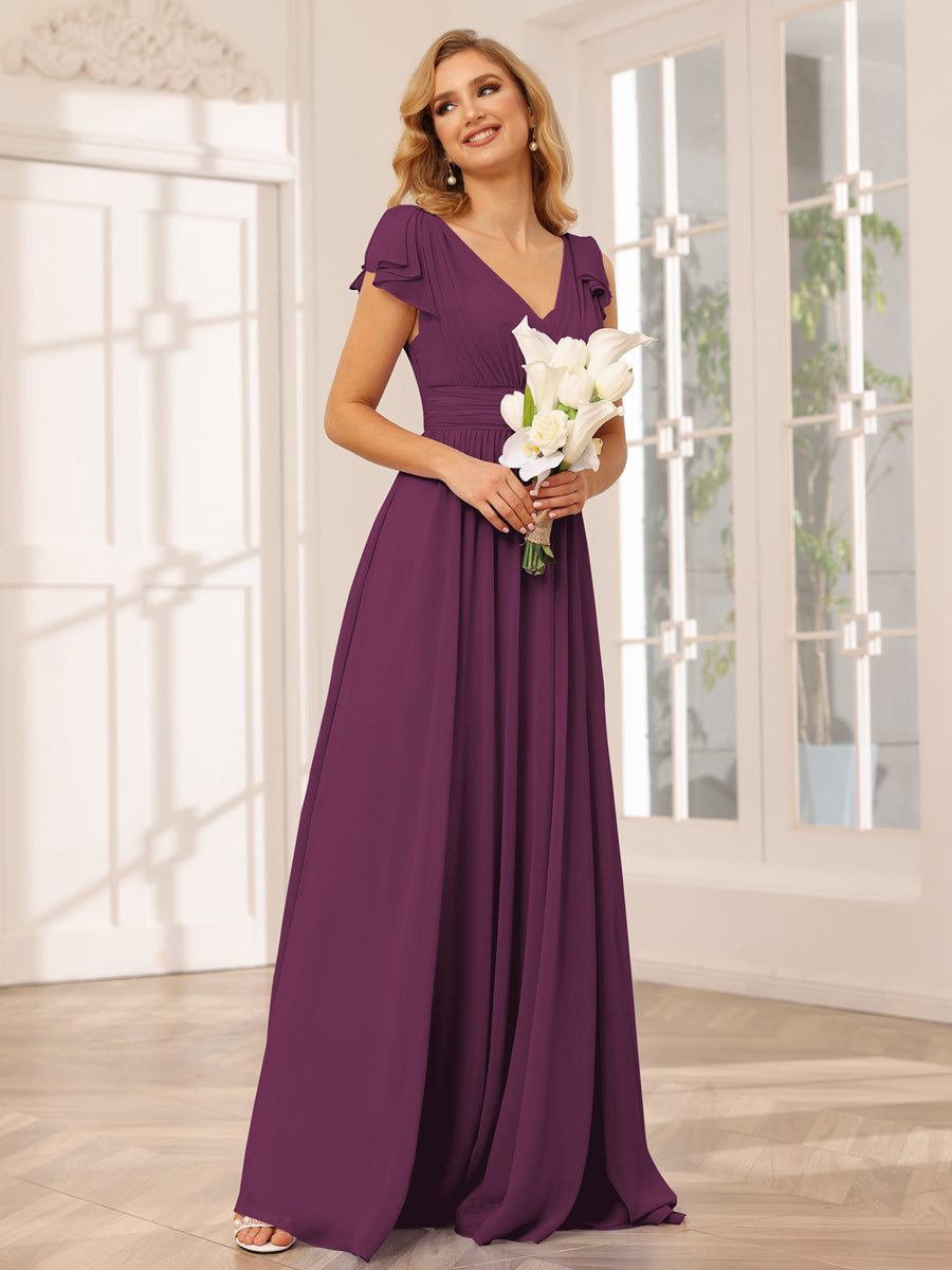 Vestidos Longos de Dama de Honra Evasê/Princesa com Decote Em V e Babados