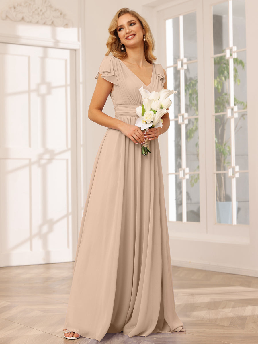Vestidos Longos de Dama de Honra Evasê/Princesa com Decote Em V e Babados