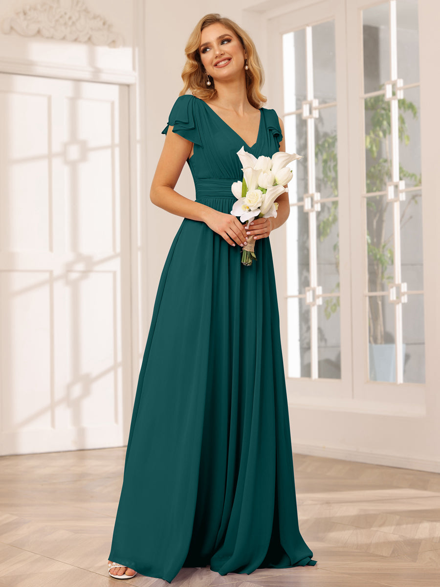 Vestidos Longos de Dama de Honra Evasê/Princesa com Decote Em V e Babados