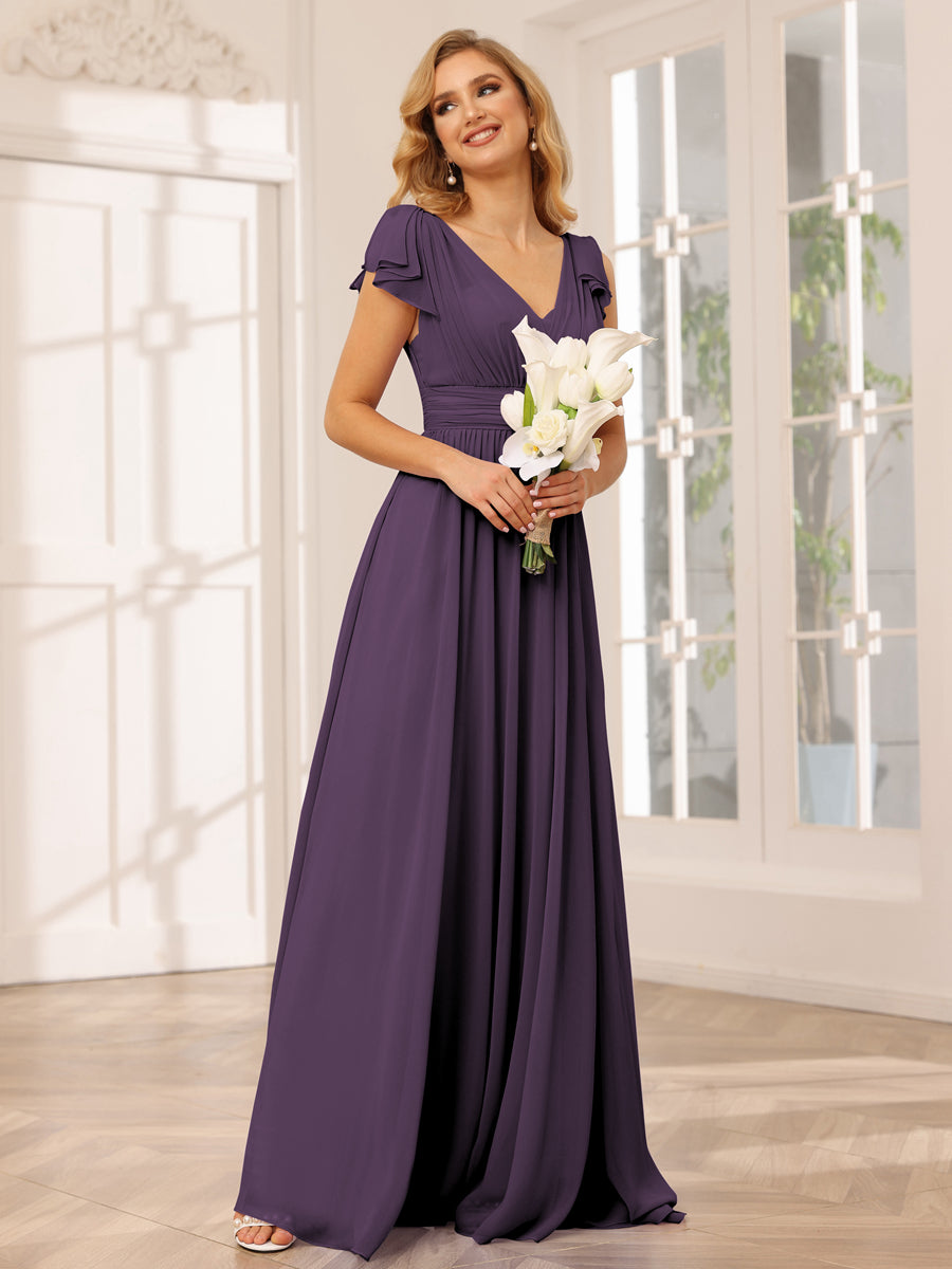 Vestidos Longos de Dama de Honra Evasê/Princesa com Decote Em V e Babados