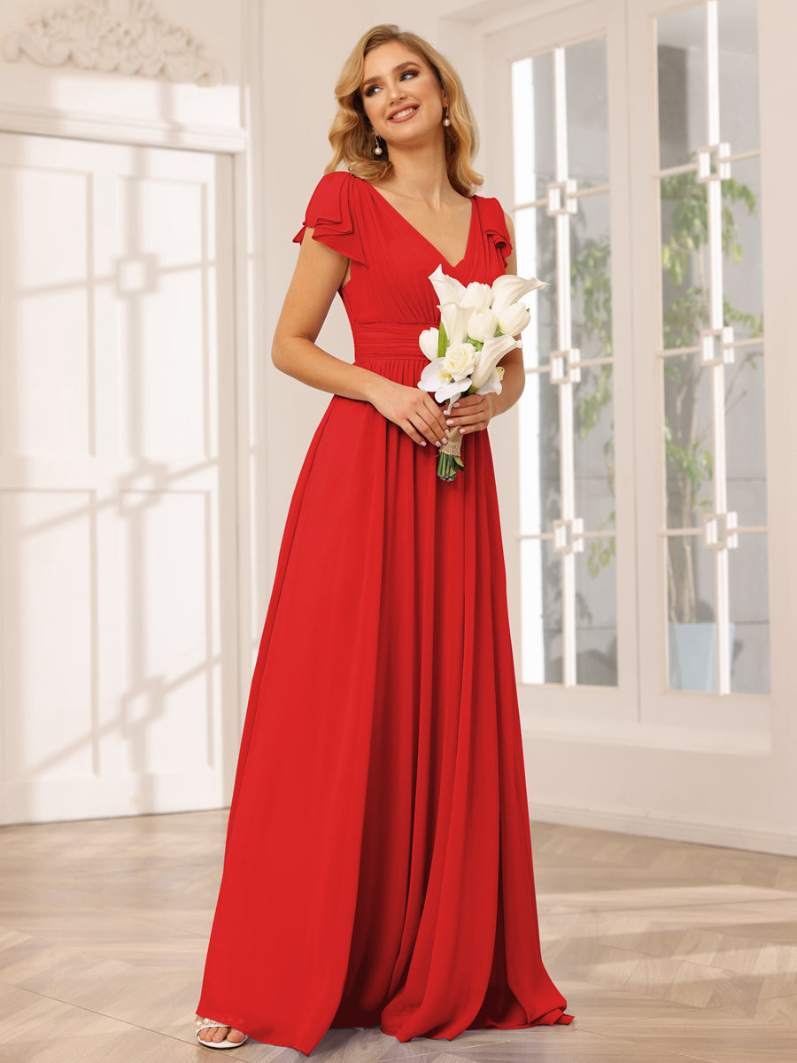 Vestidos Longos de Dama de Honra Evasê/Princesa com Decote Em V e Babados