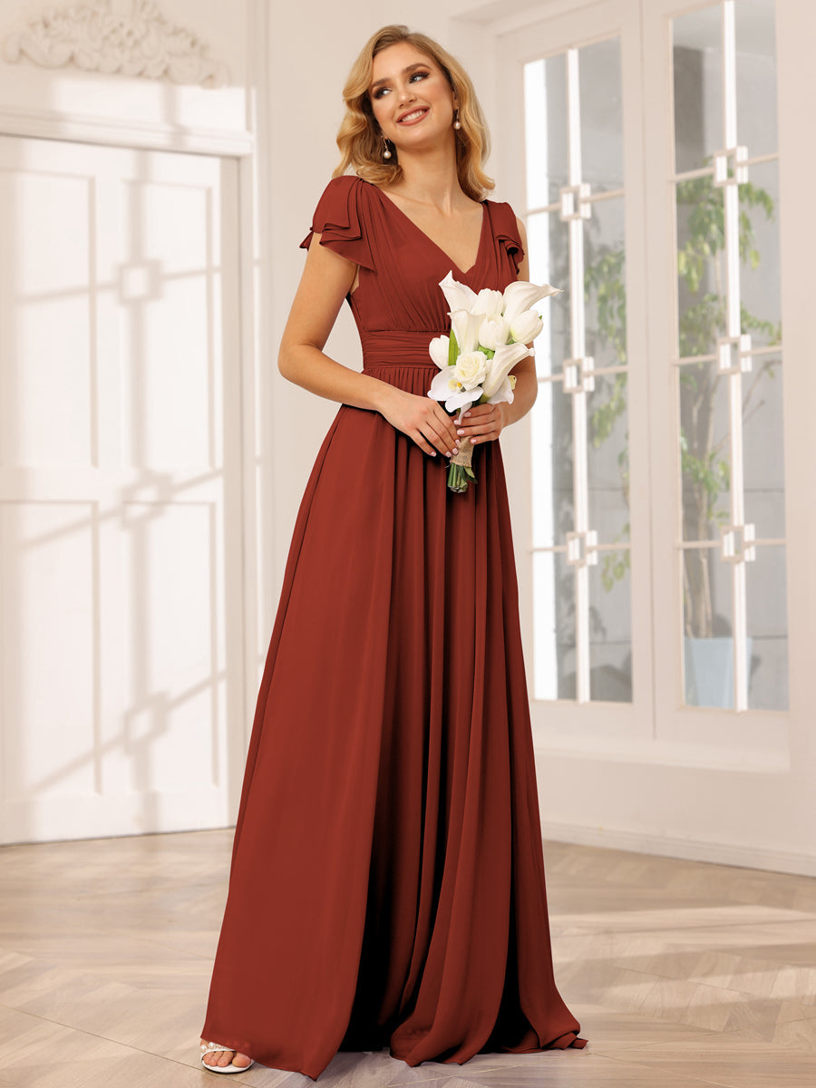 Vestidos Longos de Dama de Honra Evasê/Princesa com Decote Em V e Babados