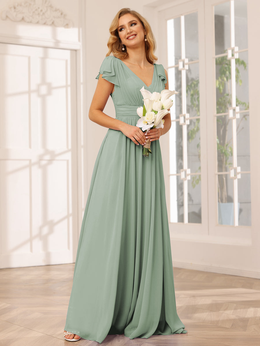 Vestidos Longos de Dama de Honra Evasê/Princesa com Decote Em V e Babados