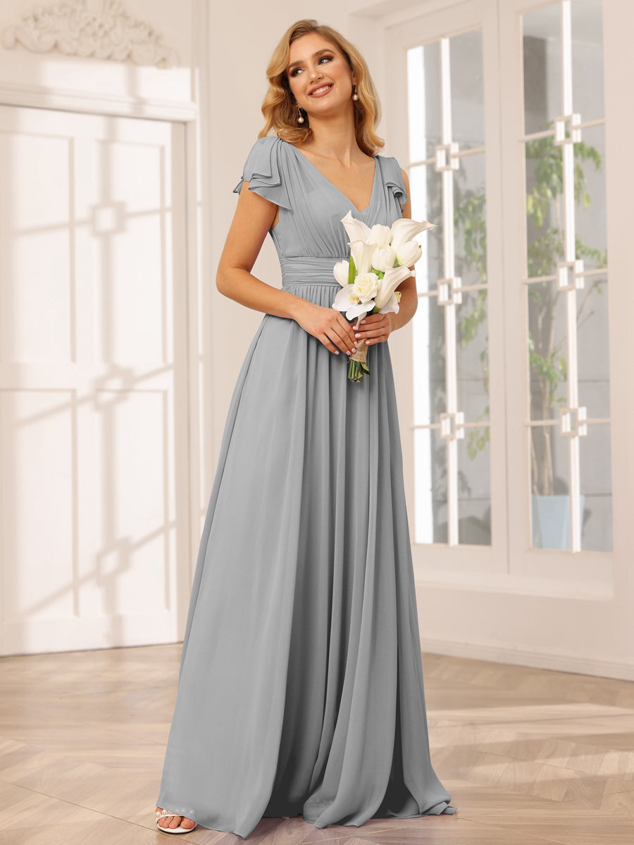 Vestidos Longos de Dama de Honra Evasê/Princesa com Decote Em V e Babados
