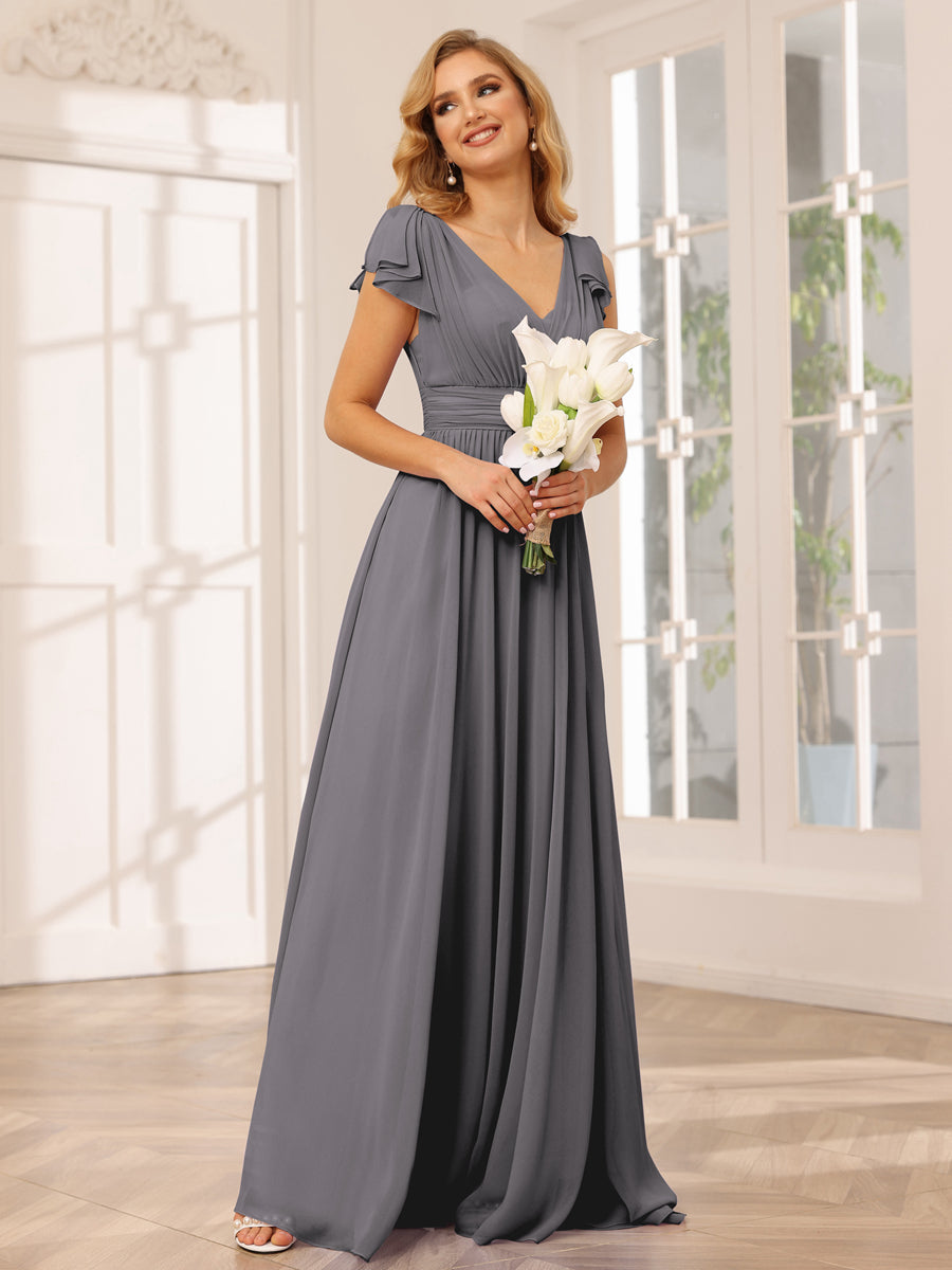 Vestidos Longos de Dama de Honra Evasê/Princesa com Decote Em V e Babados