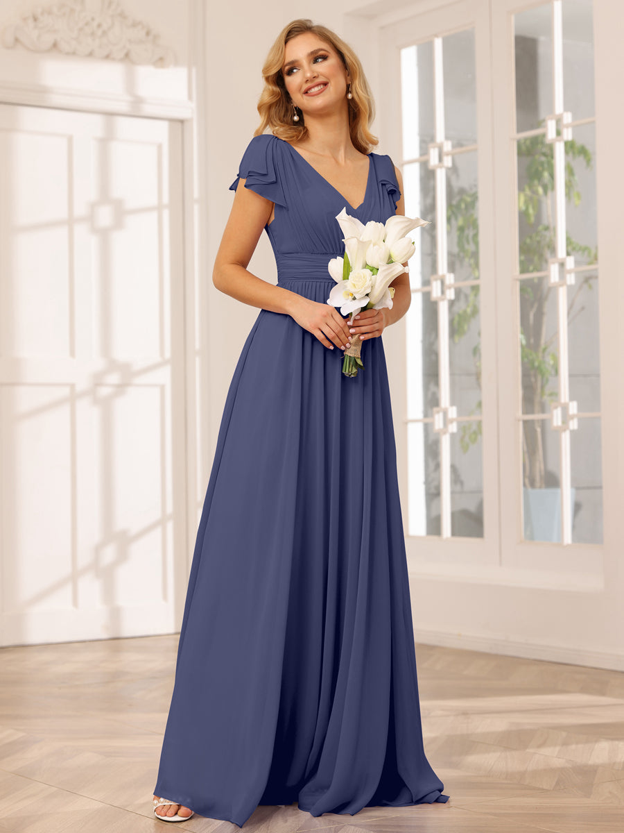 Vestidos Longos de Dama de Honra Evasê/Princesa com Decote Em V e Babados
