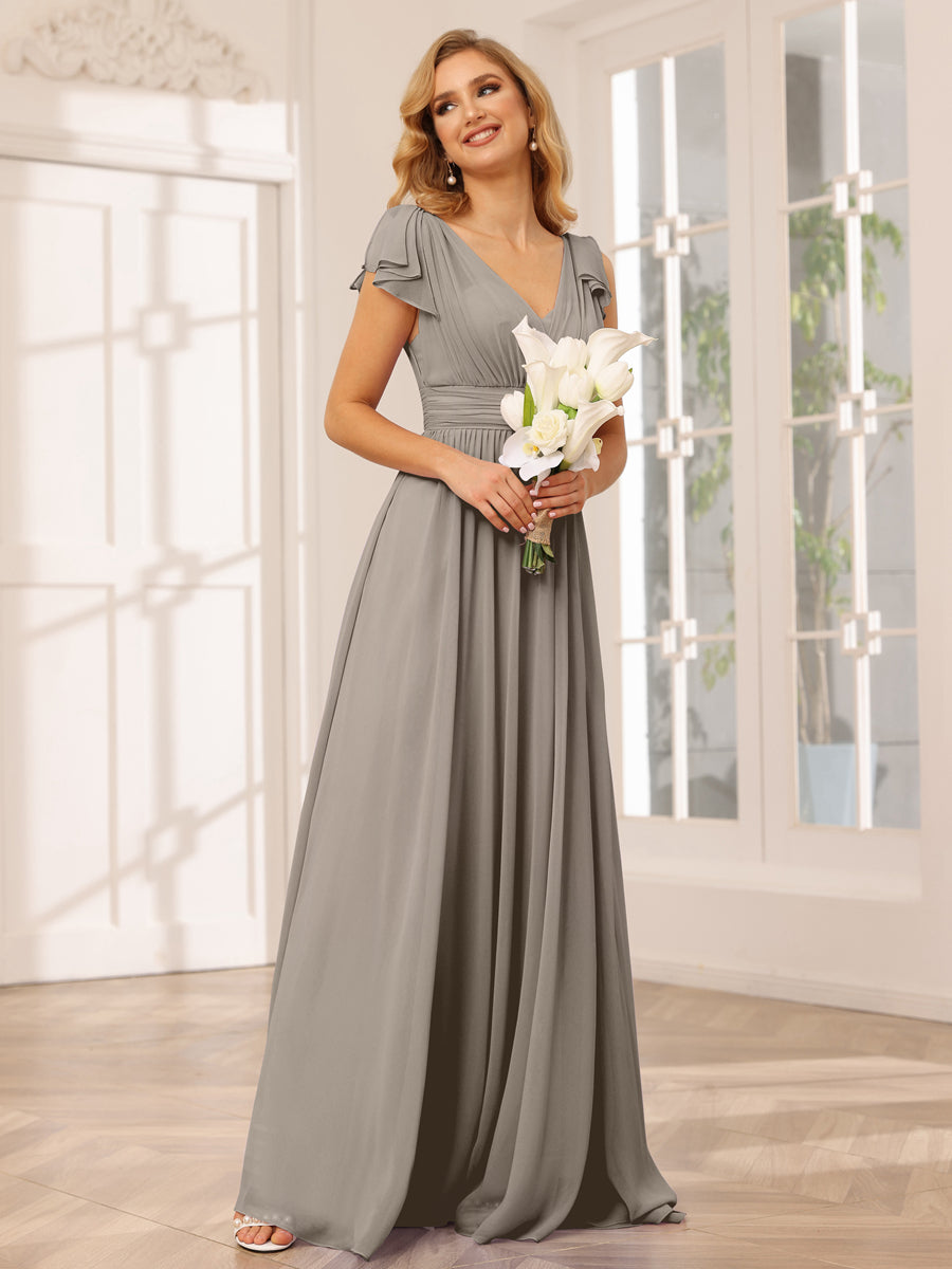 Vestidos Longos de Dama de Honra Evasê/Princesa com Decote Em V e Babados