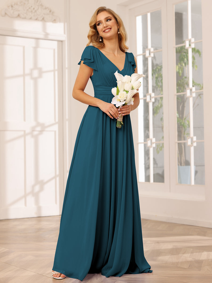 Vestidos Longos de Dama de Honra Evasê/Princesa com Decote Em V e Babados