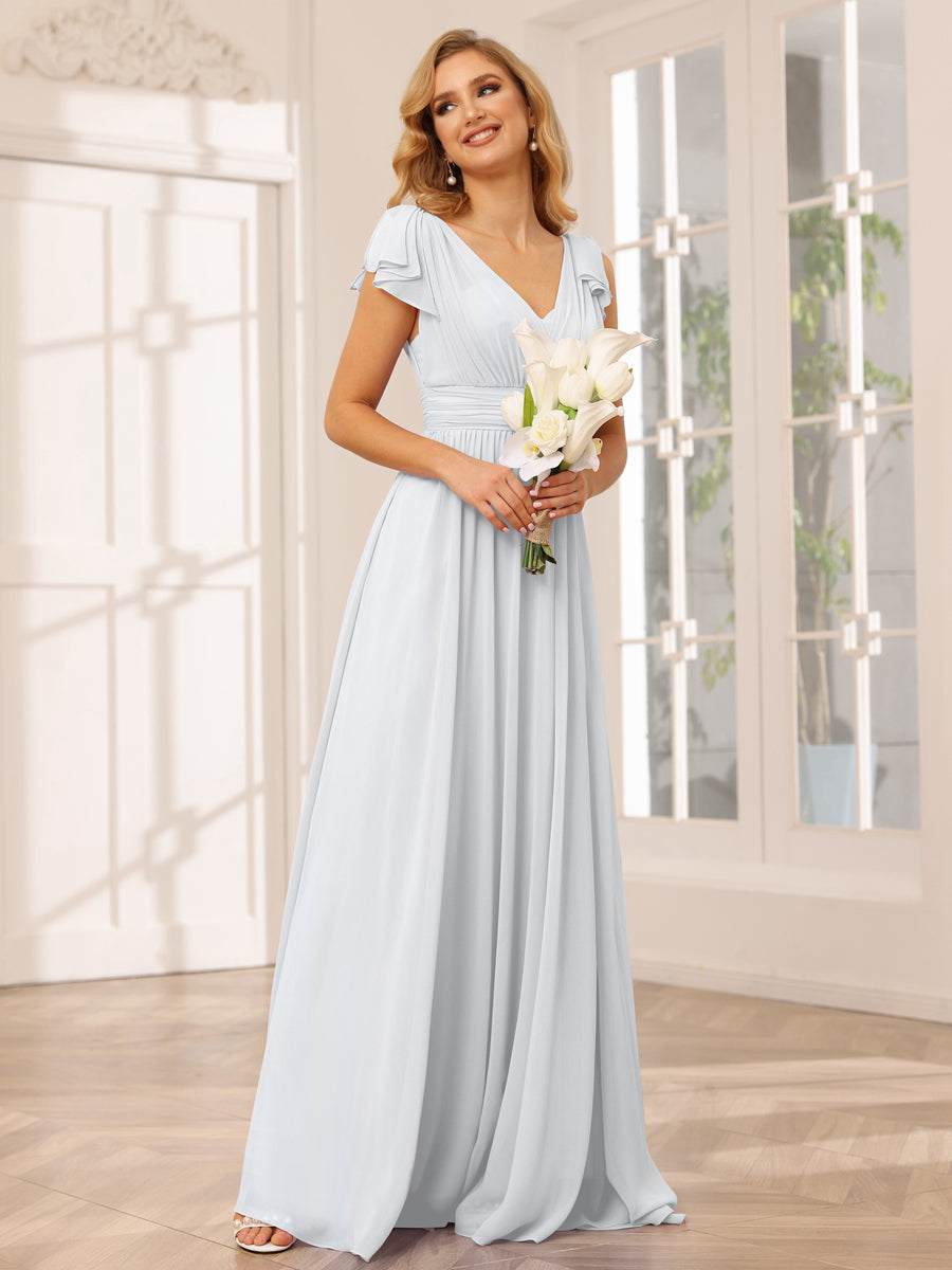 Vestidos Longos de Dama de Honra Evasê/Princesa com Decote Em V e Babados