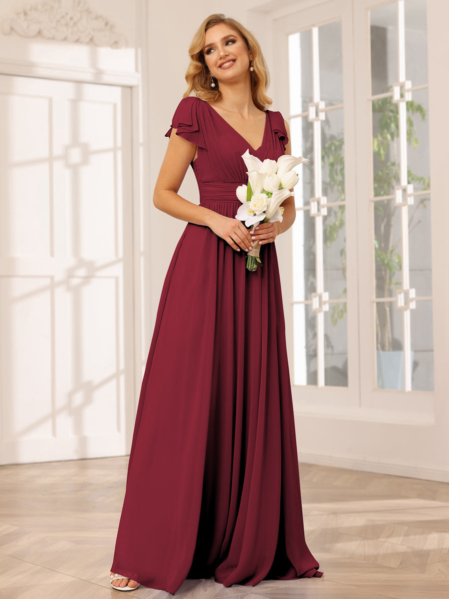 Vestidos Longos de Dama de Honra Evasê/Princesa com Decote Em V e Babados