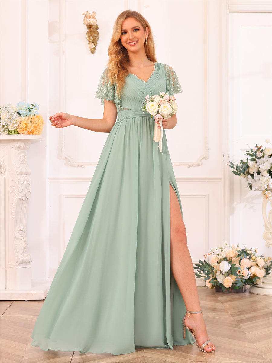 Vestidos Longos de Festa de Casamento Evasê/Princesa com Decote Em V e Laterais Divididas e Bolsos