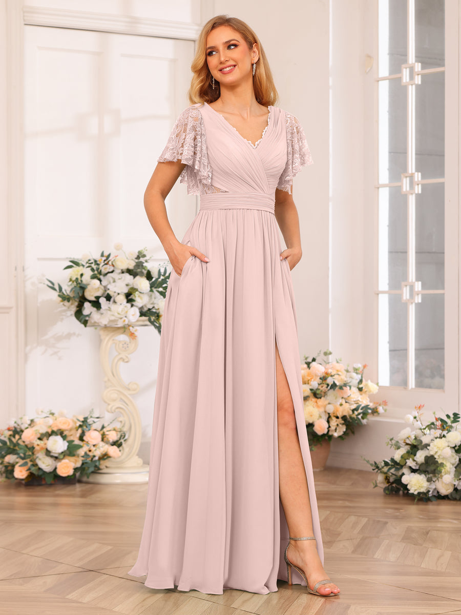 Vestidos Longos de Festa de Casamento Evasê/Princesa com Decote Em V e Laterais Divididas e Bolsos