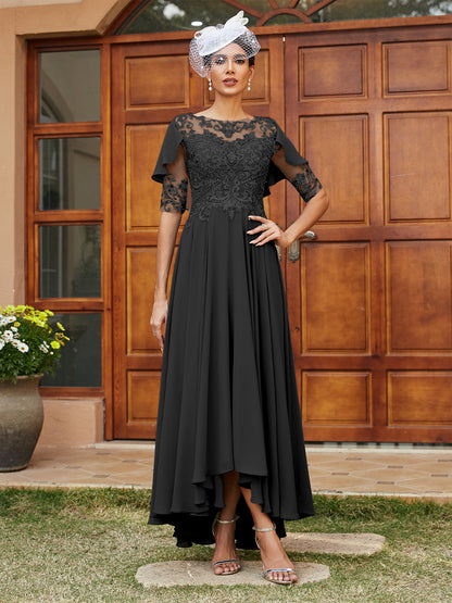 Vestidos Longos de Noite com Mangas Meio Comprimento e Gola Transparente Bordados em Estilo A-Line/Princesa