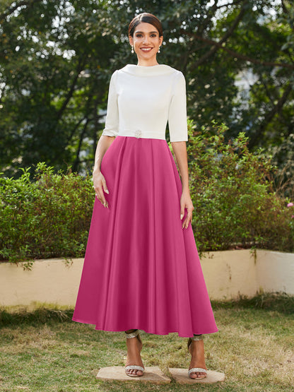 Vestidos Longos de Noite com Mangas Meio Comprimento e Gola Alta Bordados com Strass em Estilo A-Line/Princesa
