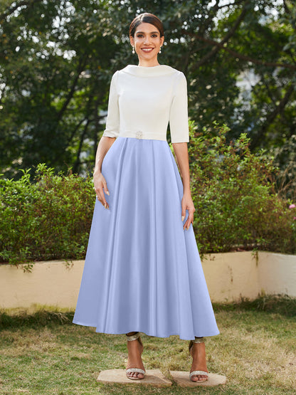 Vestidos Longos de Noite com Mangas Meio Comprimento e Gola Alta Bordados com Strass em Estilo A-Line/Princesa