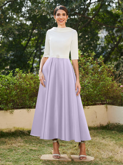 Vestidos Longos de Noite com Mangas Meio Comprimento e Gola Alta Bordados com Strass em Estilo A-Line/Princesa