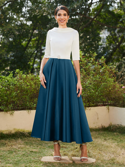 Vestidos Longos de Noite com Mangas Meio Comprimento e Gola Alta Bordados com Strass em Estilo A-Line/Princesa