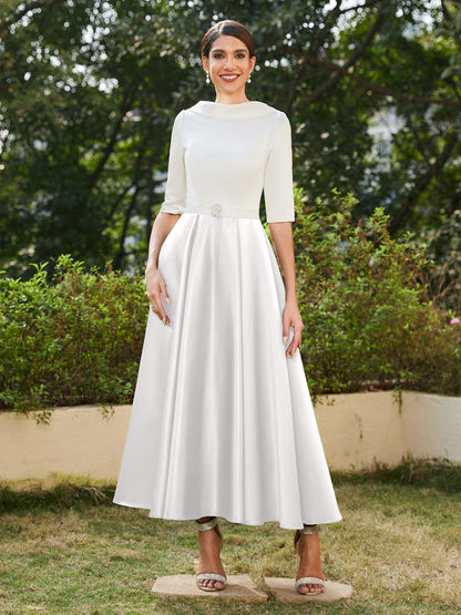 Vestidos Longos de Noite com Mangas Meio Comprimento e Gola Alta Bordados com Strass em Estilo A-Line/Princesa