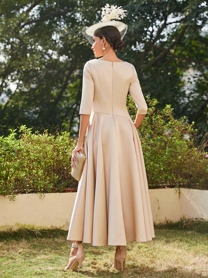 Vestidos Longos de Noite com Mangas Meio Comprimento e Gola em V Bordados em Estilo A-Line/Princesa até o Tornozelo com Babados