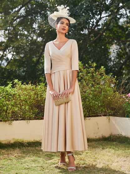Vestidos Longos de Noite com Mangas Meio Comprimento e Gola em V Bordados em Estilo A-Line/Princesa até o Tornozelo com Babados