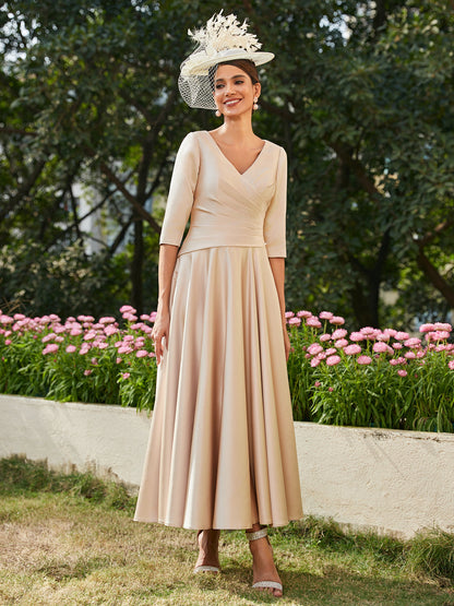 Vestidos Longos de Noite com Mangas Meio Comprimento e Gola em V Bordados em Estilo A-Line/Princesa até o Tornozelo com Babados