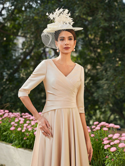 Vestidos Longos de Noite com Mangas Meio Comprimento e Gola em V Bordados em Estilo A-Line/Princesa até o Tornozelo com Babados