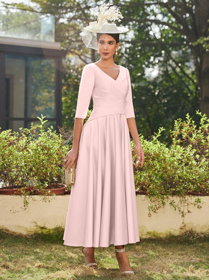 Vestidos Longos de Noite com Mangas Meio Comprimento e Gola em V Bordados em Estilo A-Line/Princesa até o Tornozelo com Babados