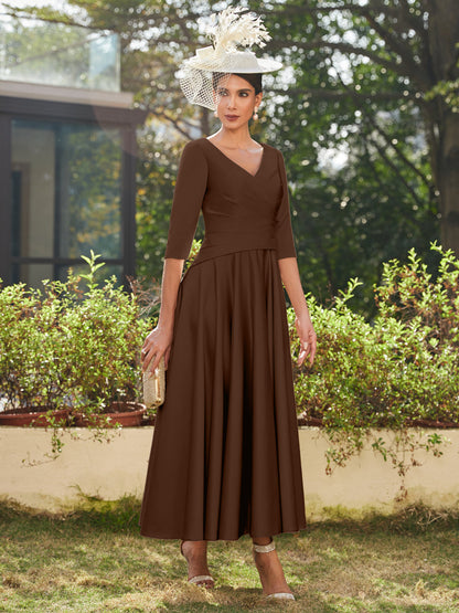 Vestidos Longos de Noite com Mangas Meio Comprimento e Gola em V Bordados em Estilo A-Line/Princesa até o Tornozelo com Babados