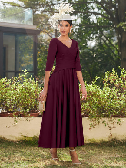 Vestidos Longos de Noite com Mangas Meio Comprimento e Gola em V Bordados em Estilo A-Line/Princesa até o Tornozelo com Babados