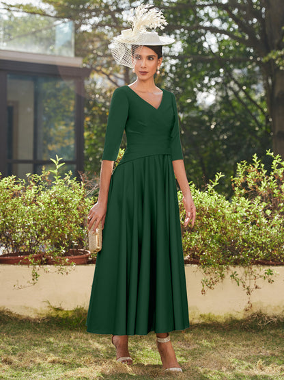 Vestidos Longos de Noite com Mangas Meio Comprimento e Gola em V Bordados em Estilo A-Line/Princesa até o Tornozelo com Babados