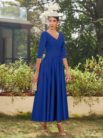 Vestidos Longos de Noite com Mangas Meio Comprimento e Gola em V Bordados em Estilo A-Line/Princesa até o Tornozelo com Babados