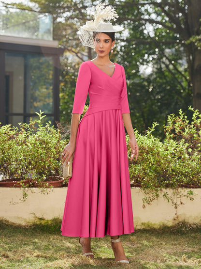 Vestidos Longos de Noite com Mangas Meio Comprimento e Gola em V Bordados em Estilo A-Line/Princesa até o Tornozelo com Babados
