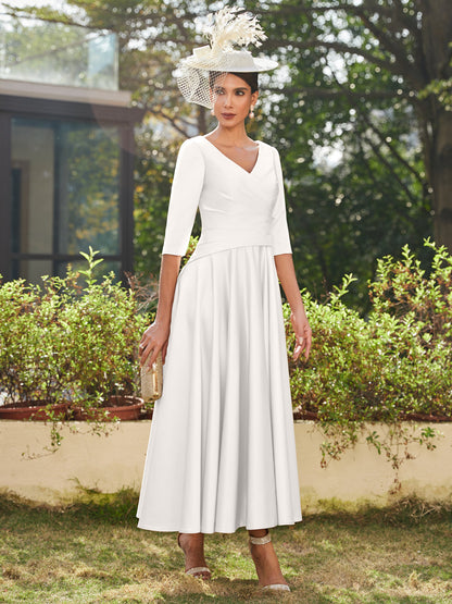 Vestidos Longos de Noite com Mangas Meio Comprimento e Gola em V Bordados em Estilo A-Line/Princesa até o Tornozelo com Babados