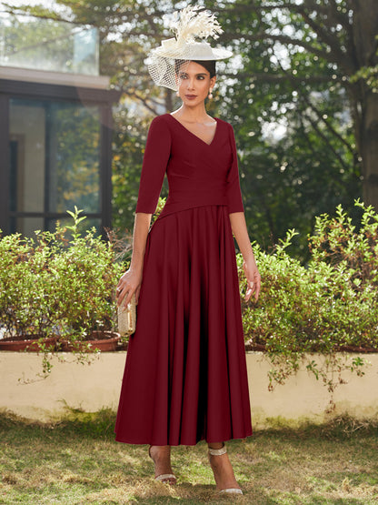 Vestidos Longos de Noite com Mangas Meio Comprimento e Gola em V Bordados em Estilo A-Line/Princesa até o Tornozelo com Babados
