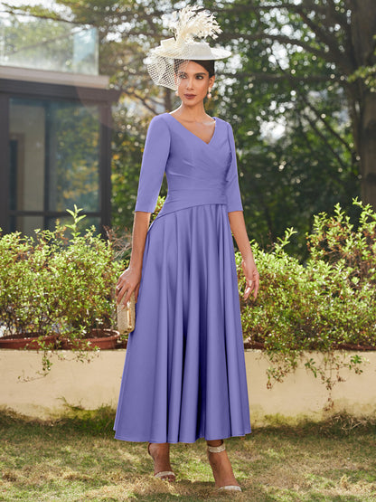 Vestidos Longos de Noite com Mangas Meio Comprimento e Gola em V Bordados em Estilo A-Line/Princesa até o Tornozelo com Babados
