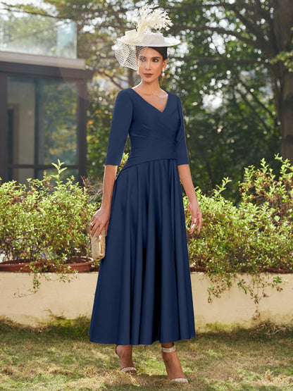 Vestidos Longos de Noite com Mangas Meio Comprimento e Gola em V Bordados em Estilo A-Line/Princesa até o Tornozelo com Babados