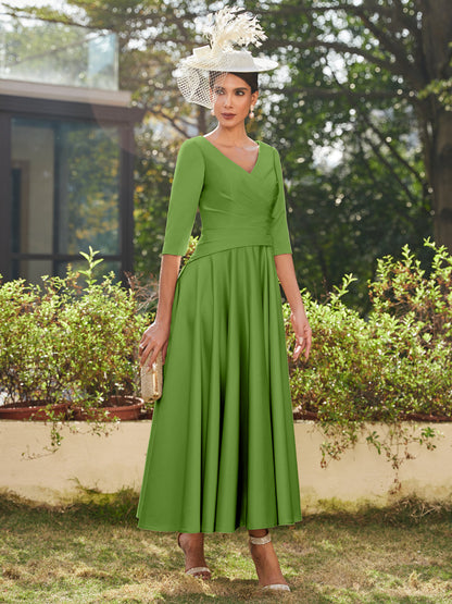 Vestidos Longos de Noite com Mangas Meio Comprimento e Gola em V Bordados em Estilo A-Line/Princesa até o Tornozelo com Babados