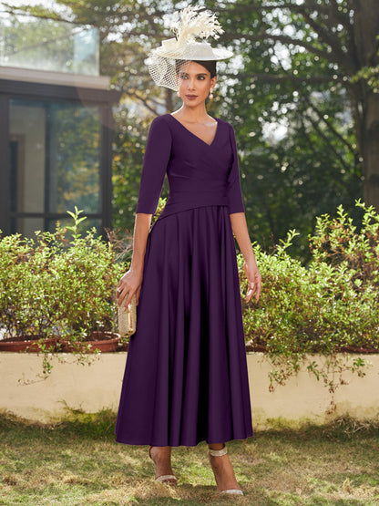 Vestidos Longos de Noite com Mangas Meio Comprimento e Gola em V Bordados em Estilo A-Line/Princesa até o Tornozelo com Babados