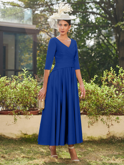 Vestidos Longos de Noite com Mangas Meio Comprimento e Gola em V Bordados em Estilo A-Line/Princesa até o Tornozelo com Babados
