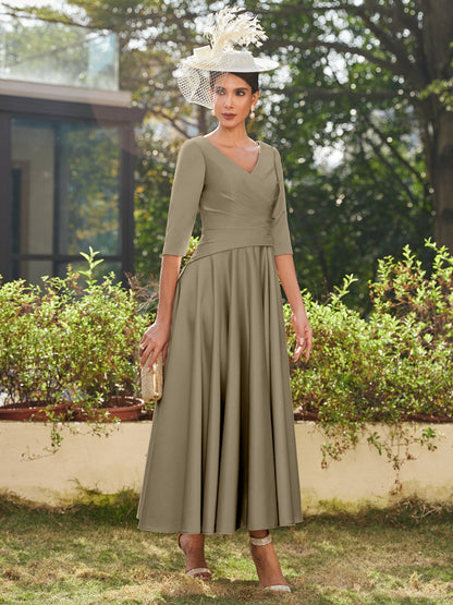 Vestidos Longos de Noite com Mangas Meio Comprimento e Gola em V Bordados em Estilo A-Line/Princesa até o Tornozelo com Babados
