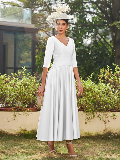 Vestidos Longos de Noite com Mangas Meio Comprimento e Gola em V Bordados em Estilo A-Line/Princesa até o Tornozelo com Babados