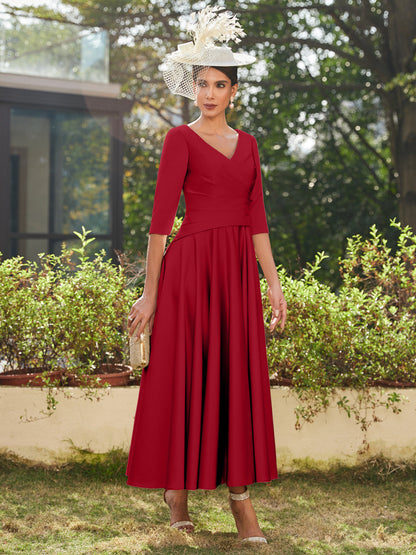 Vestidos Longos de Noite com Mangas Meio Comprimento e Gola em V Bordados em Estilo A-Line/Princesa até o Tornozelo com Babados